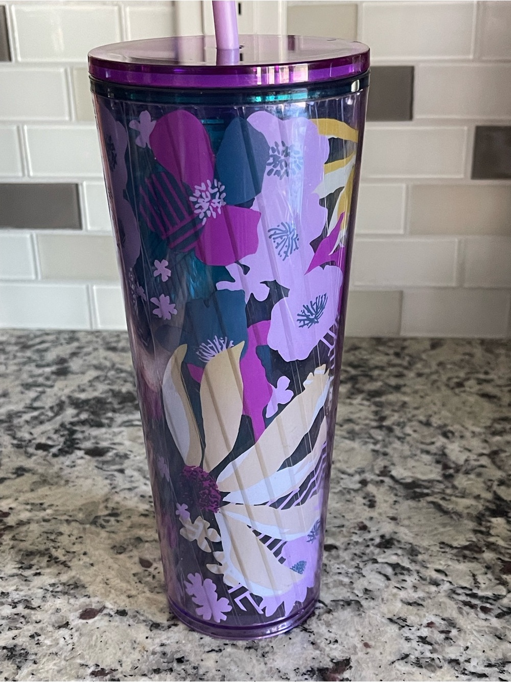 Tall 24 oz Purple Floral Insulated Starbucks Tumbler with Straw
